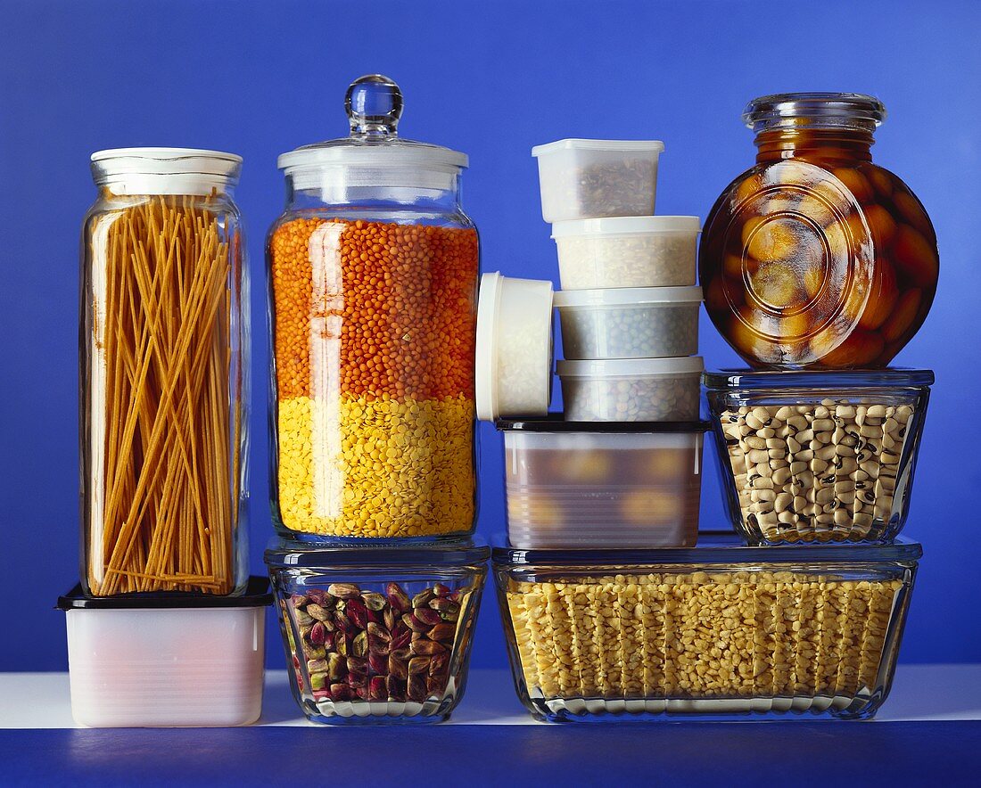 Storage containers with pulses, pasta, pistachios etc