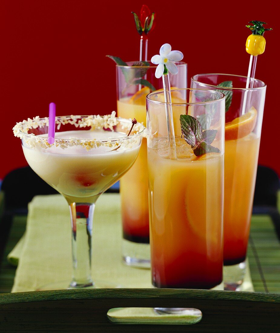 Mexican drinks: Coconut Margarita cocktail, Tequila Sunrise
