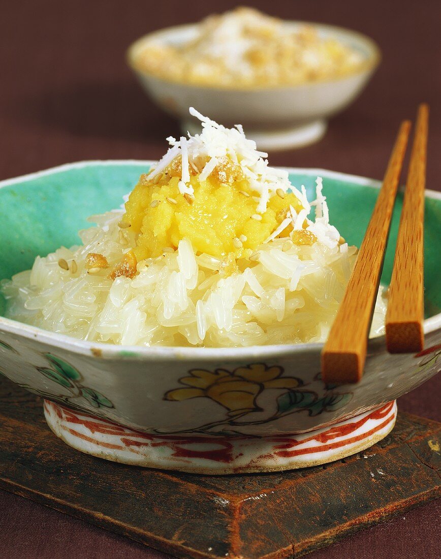 Sticky rice with coconut and mung bean puree