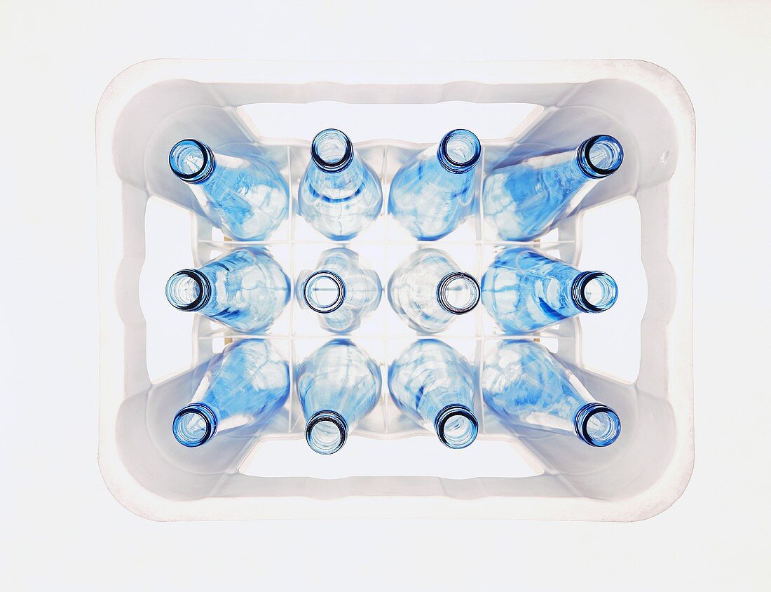 Box of opened water bottles (from above)