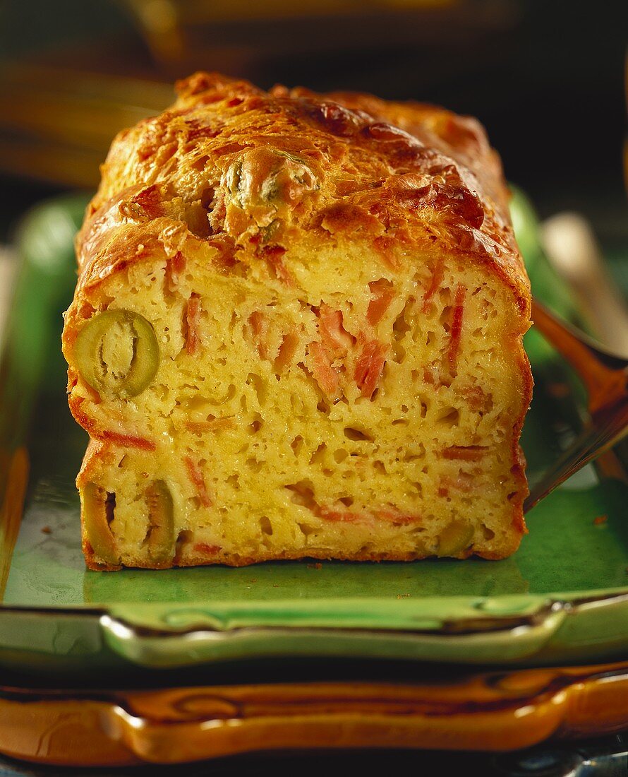 Loaf cake with ham and olive filling