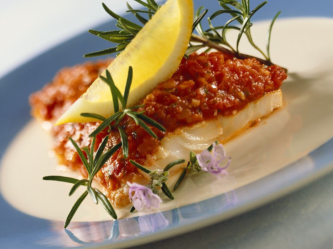 Cod fillet with tomatoes and rosemary