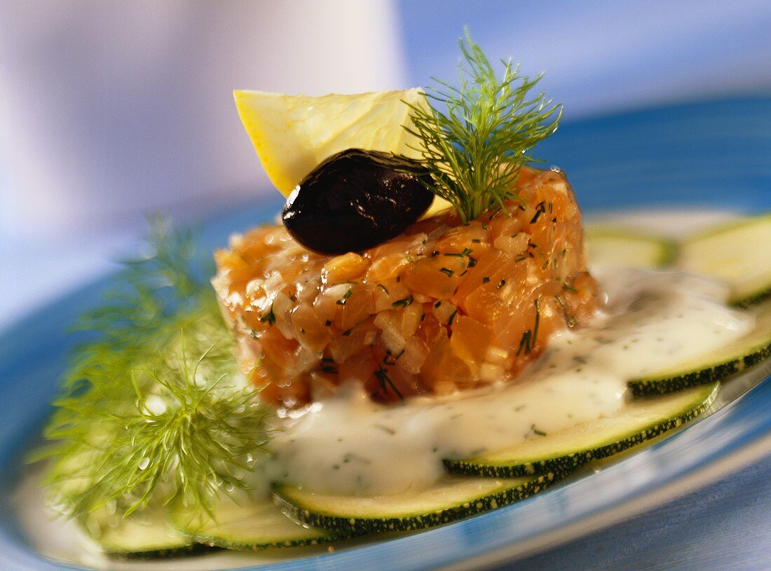 Salmon tartare on courgette carpaccio