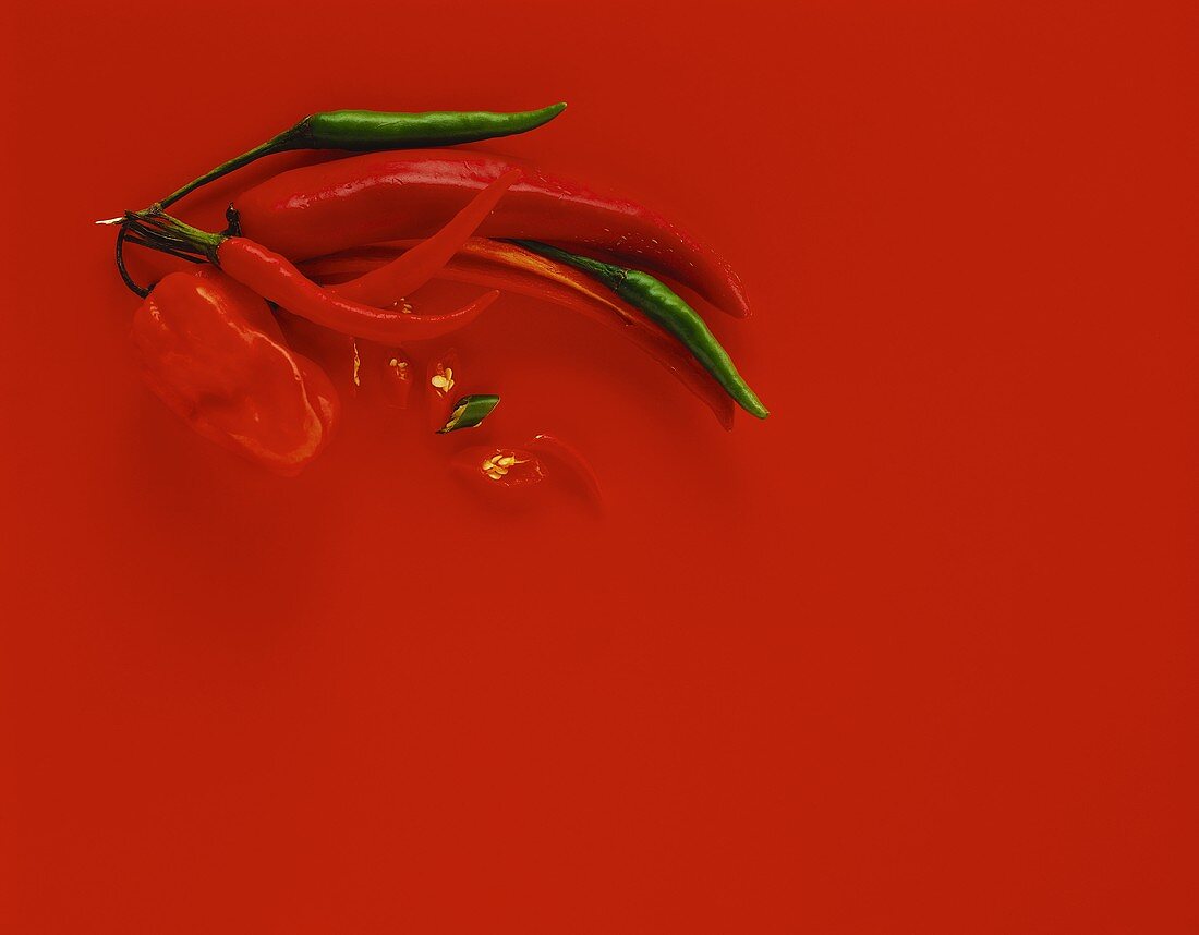 Chili peppers on red background