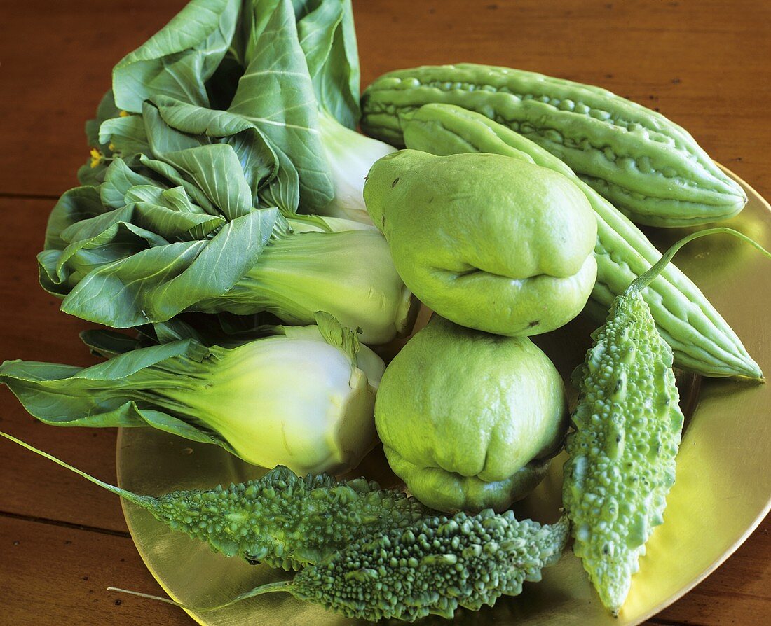 Exotic vegetables (chayote, pak choi, bitter gourd)