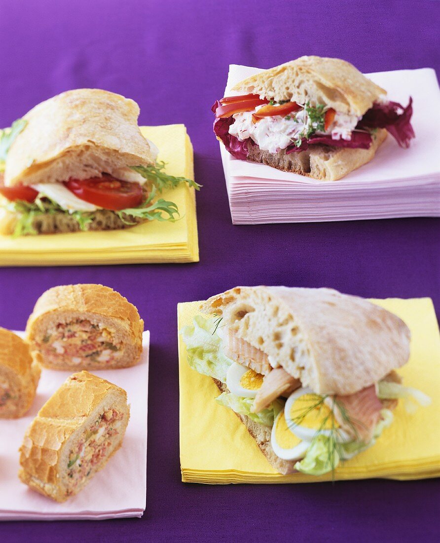Ciabatta sandwiches and stuffed baguette