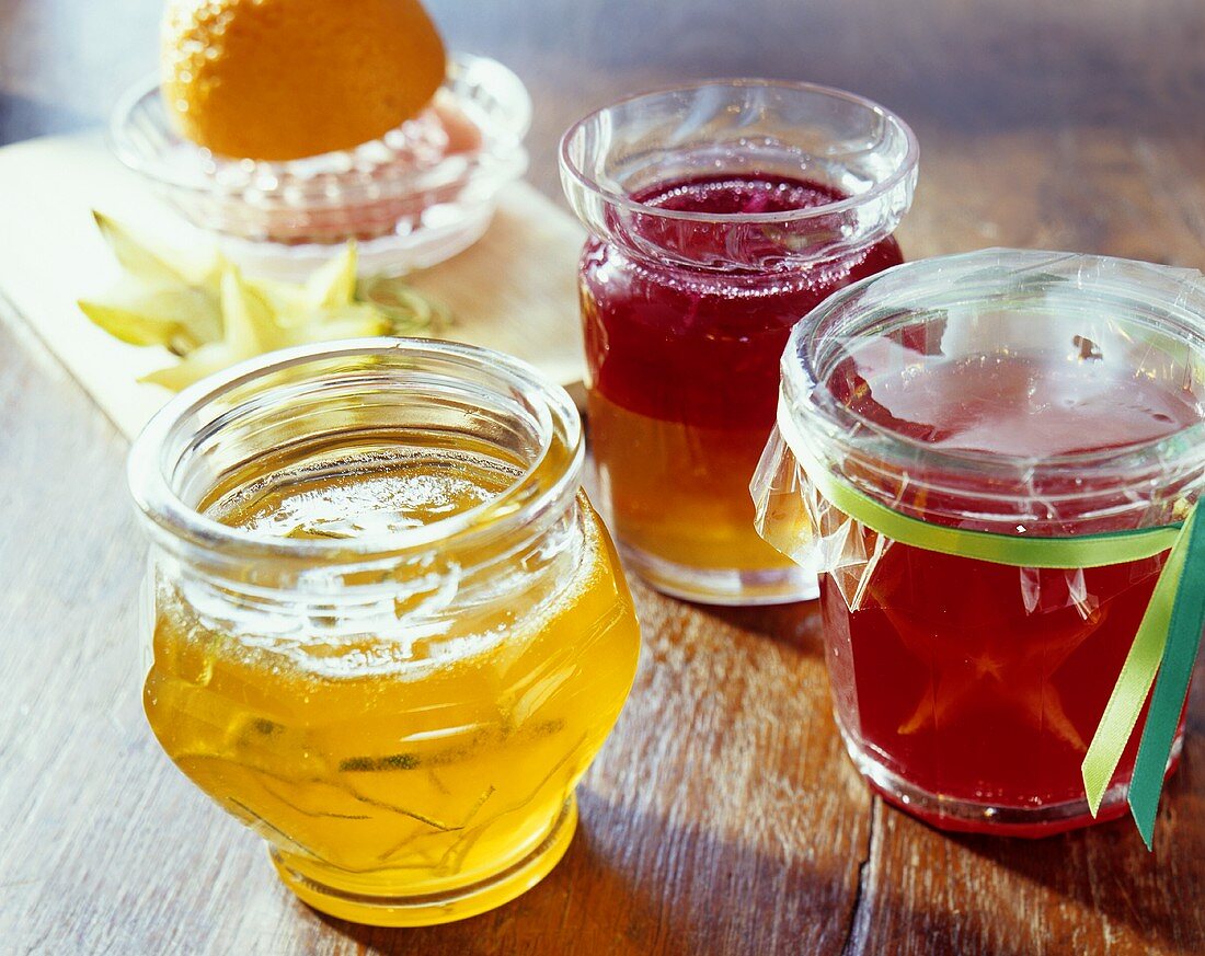Home-made jellies in jam jars