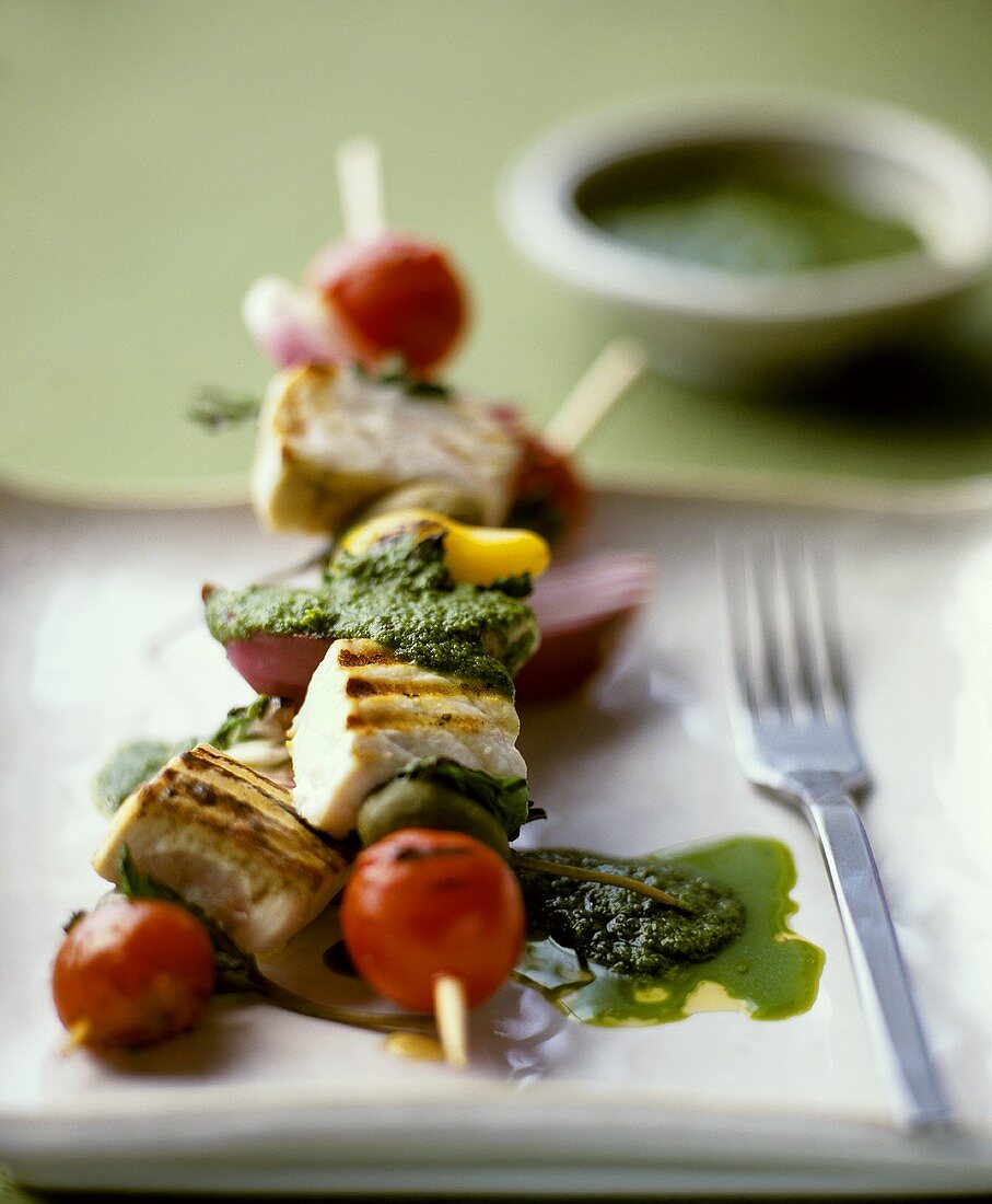 Swordfish and vegetable kebabs with herb sauce