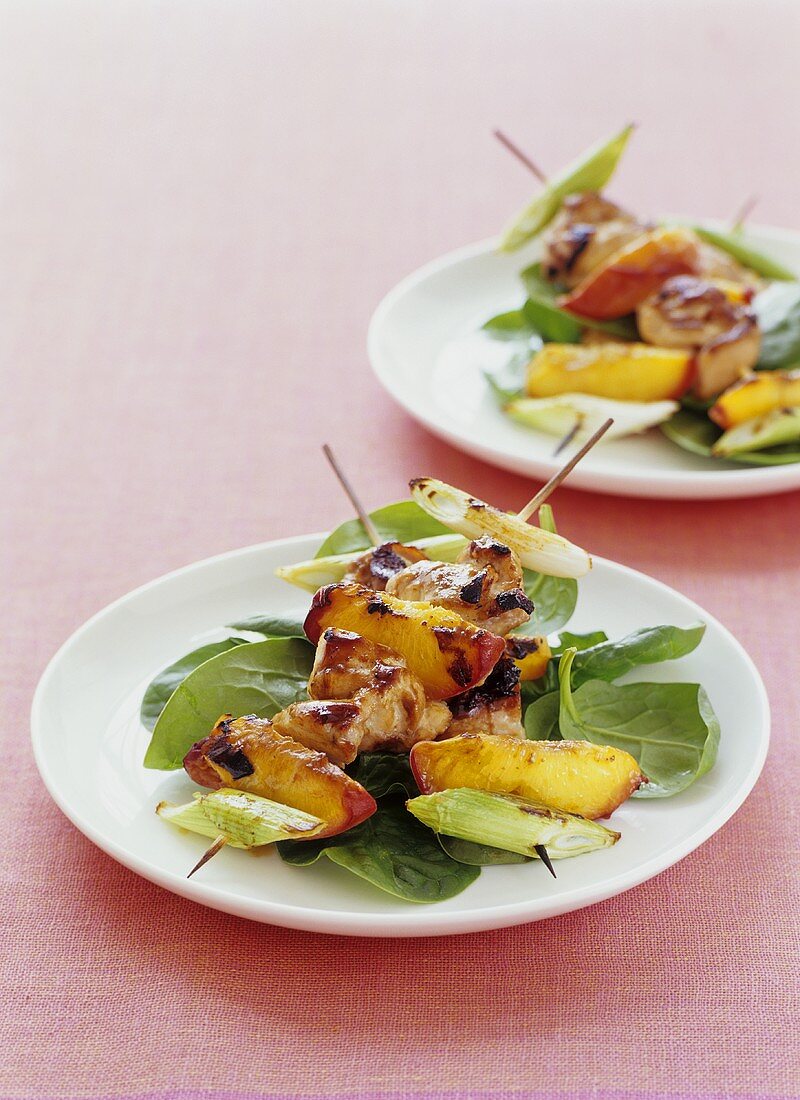 Barbecued chicken and nectarine kebab