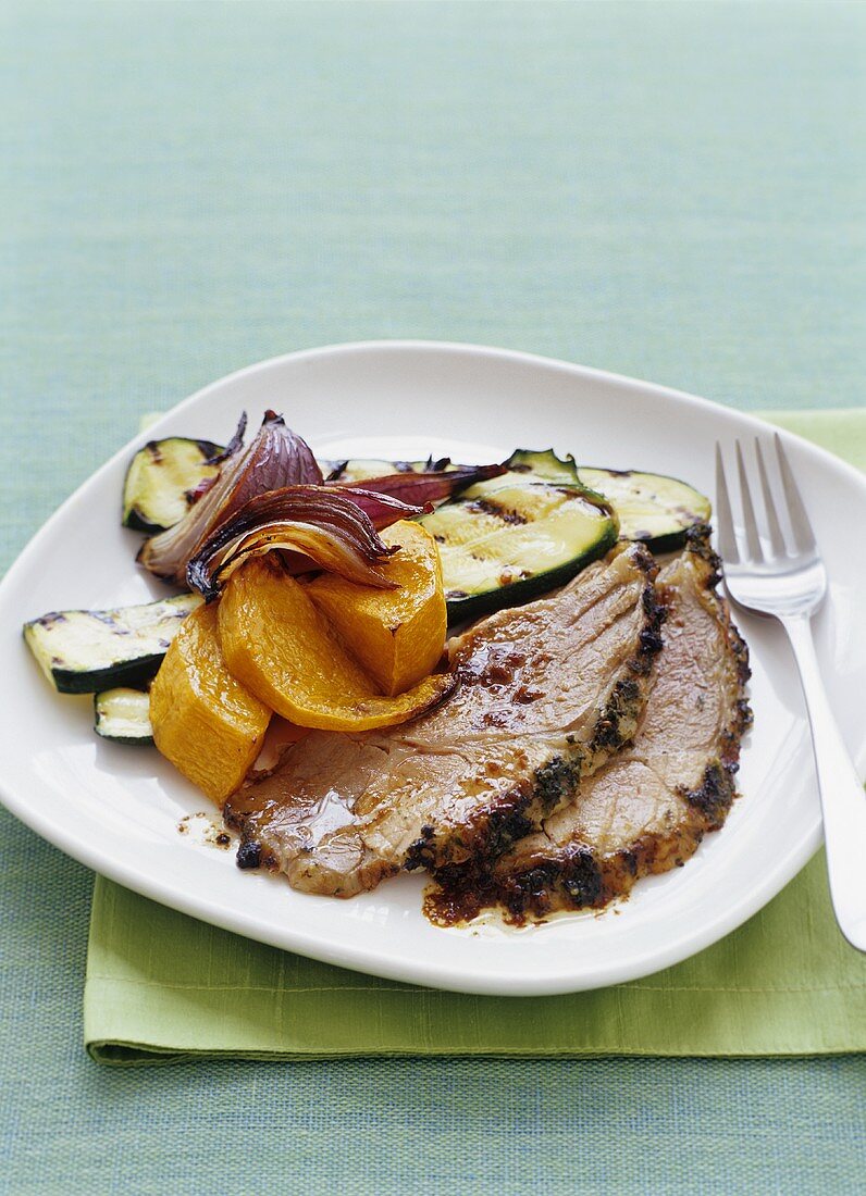 Lamb with herb crust and barbecued vegetables
