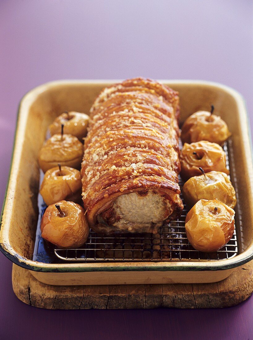 Roast pork with crackling and baked apples