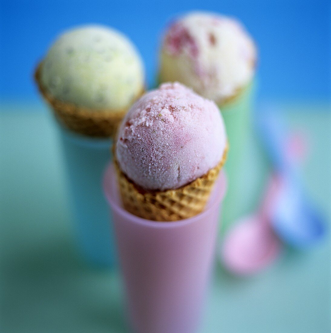 Various types of ice cream in ice cream cones