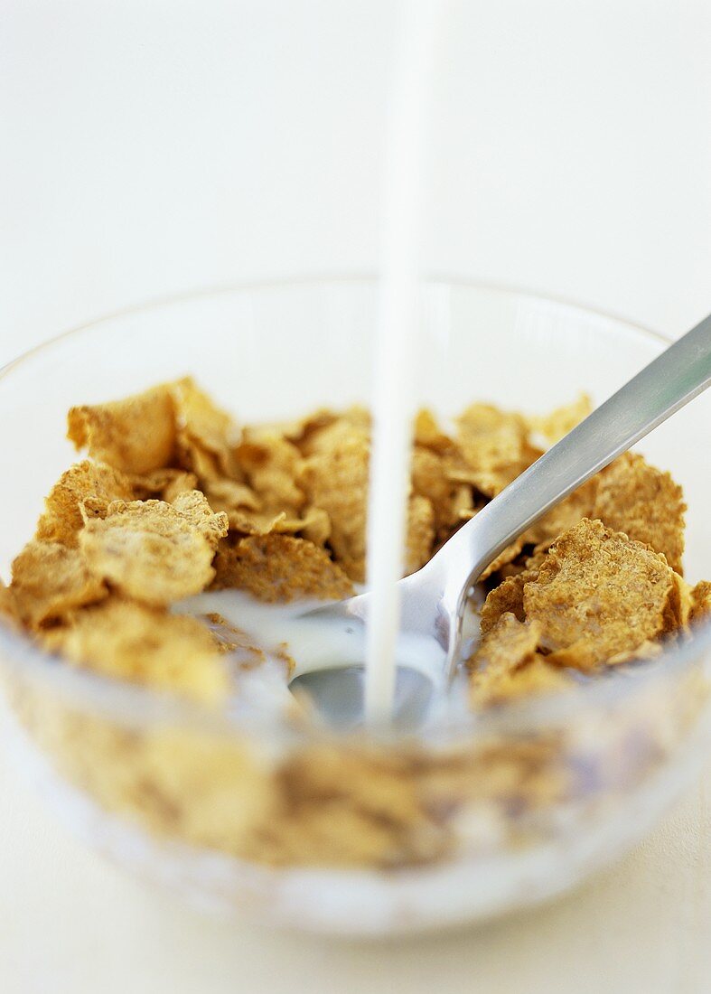 Pouring milk over cornflakes