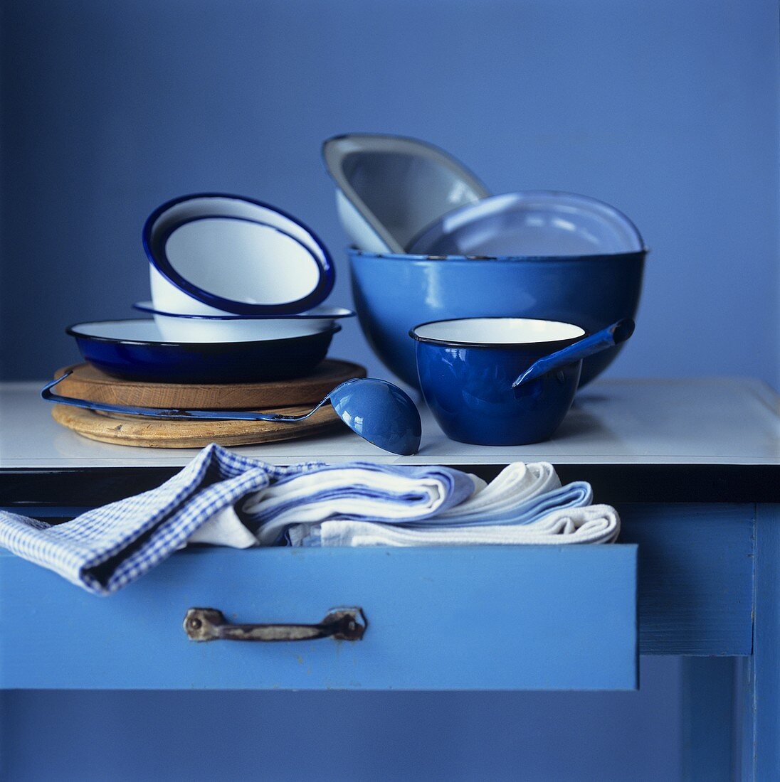 Kitchen utensils in blue and white