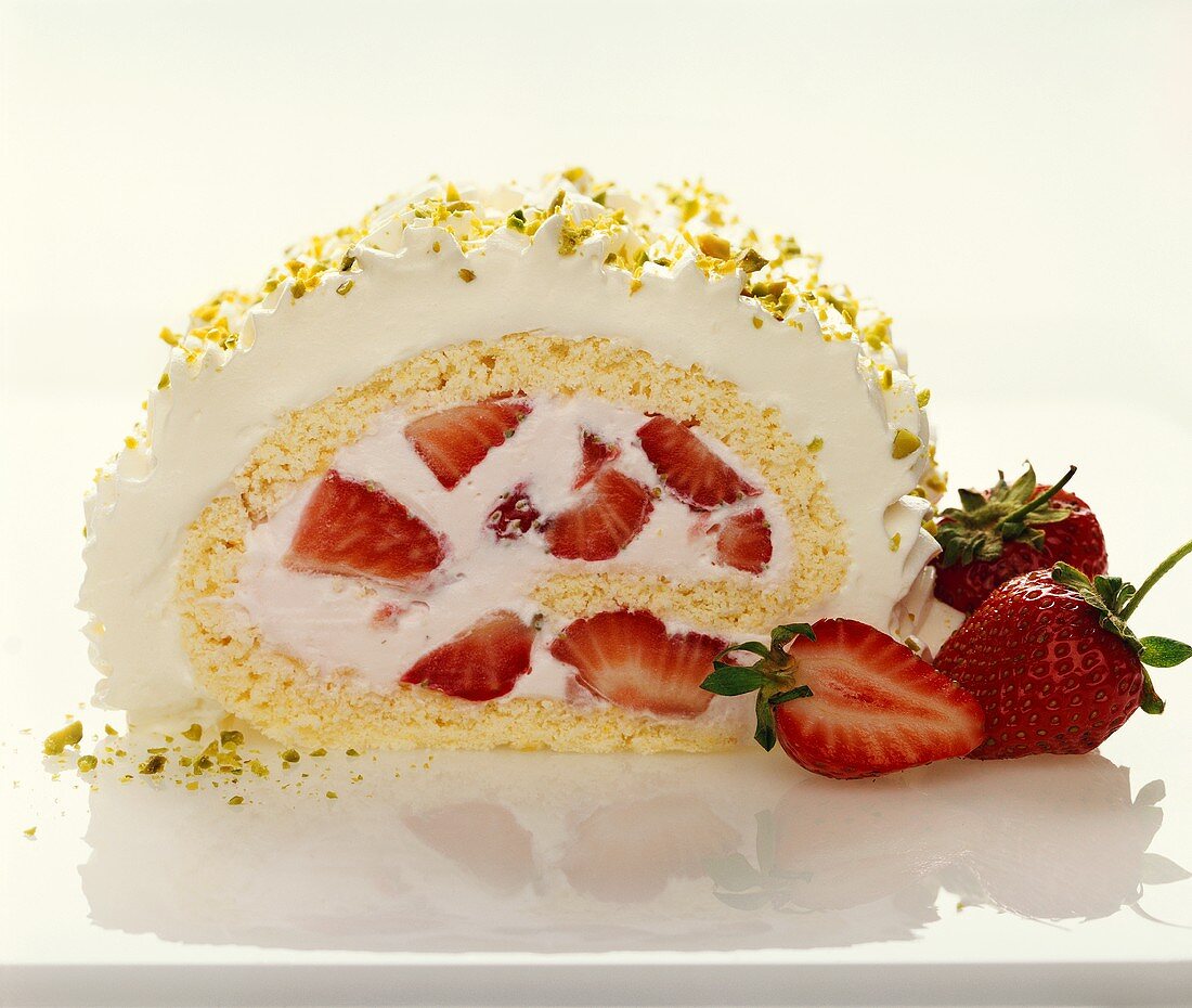 A piece of strawberry roulade