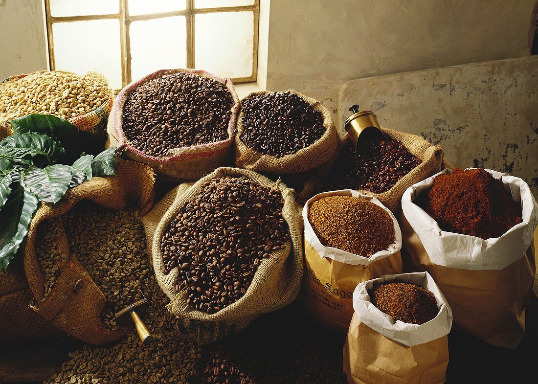 Roasted and unroasted coffee beans and ground coffee
