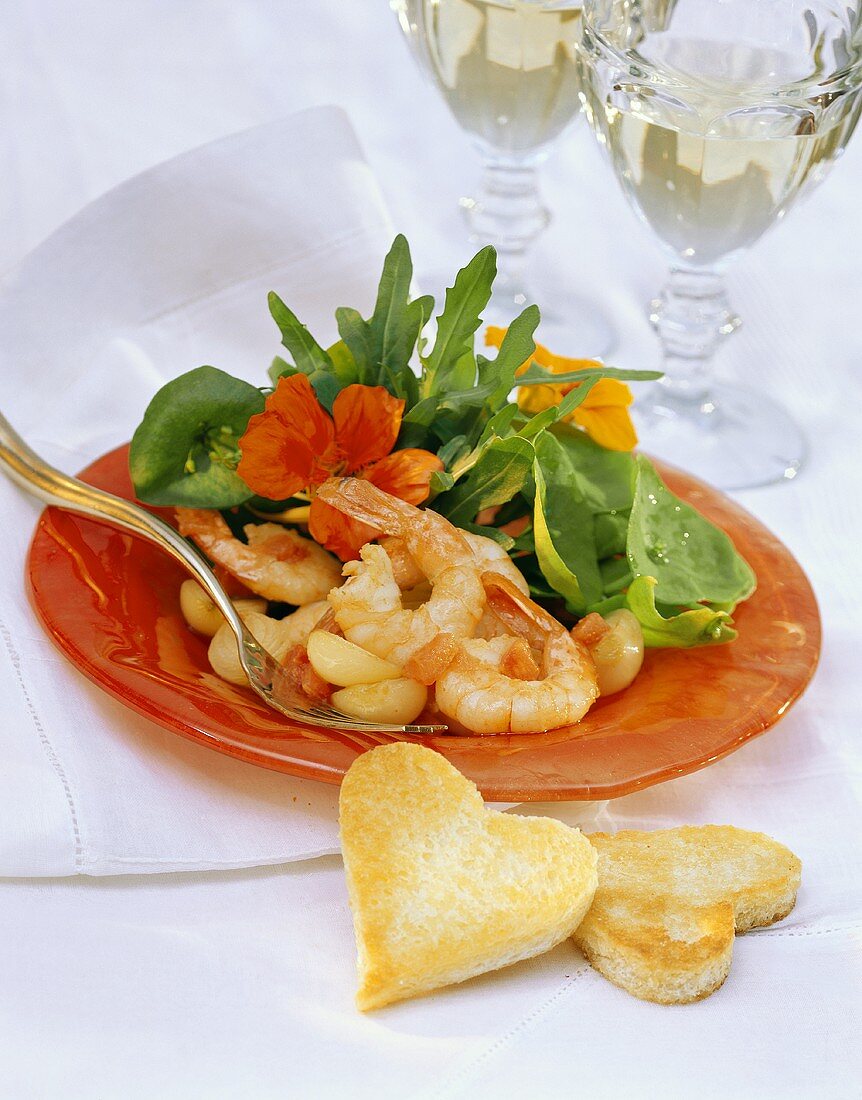 Shrimps with watercress salad and heart-shaped toast