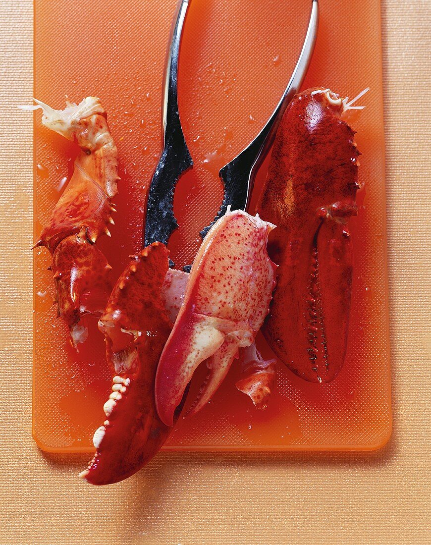 Pieces of lobster with tongs