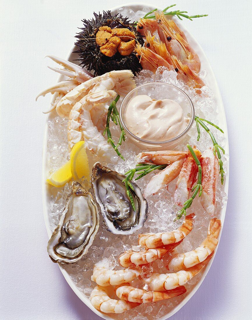 Mixed seafood platter with cocktail sauce