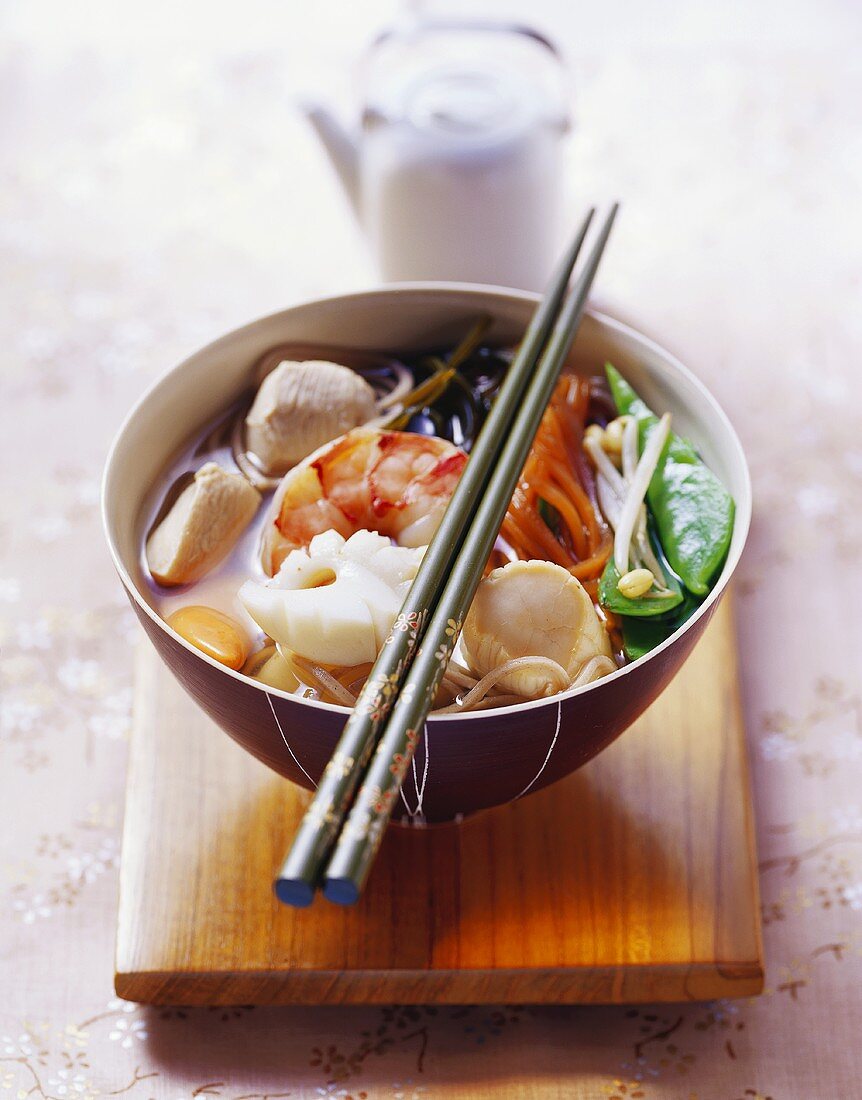 Japanese seafood stew with soba noodles