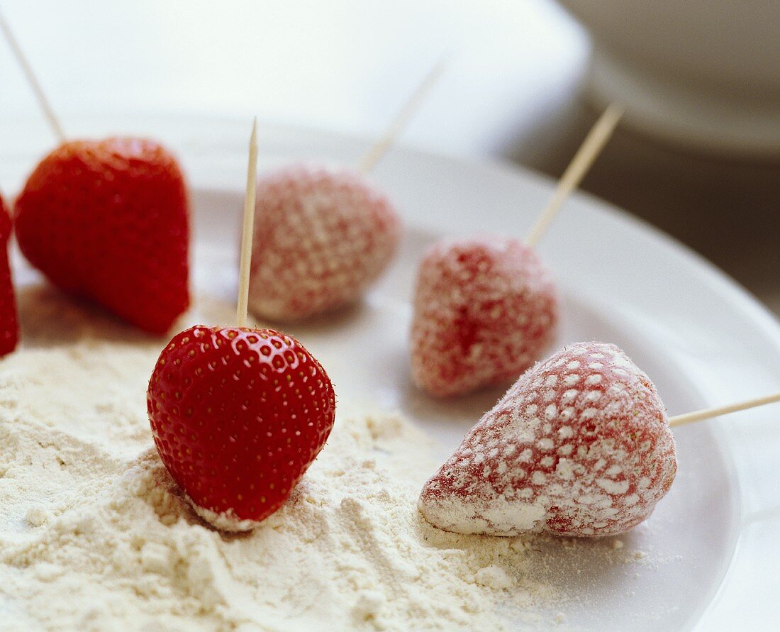 Several strawberries lying in icing sugar