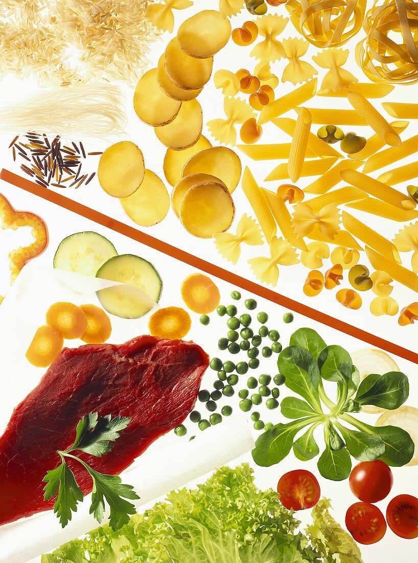 Picture symbolising food combining (pasta, rice, vegetables, meat)