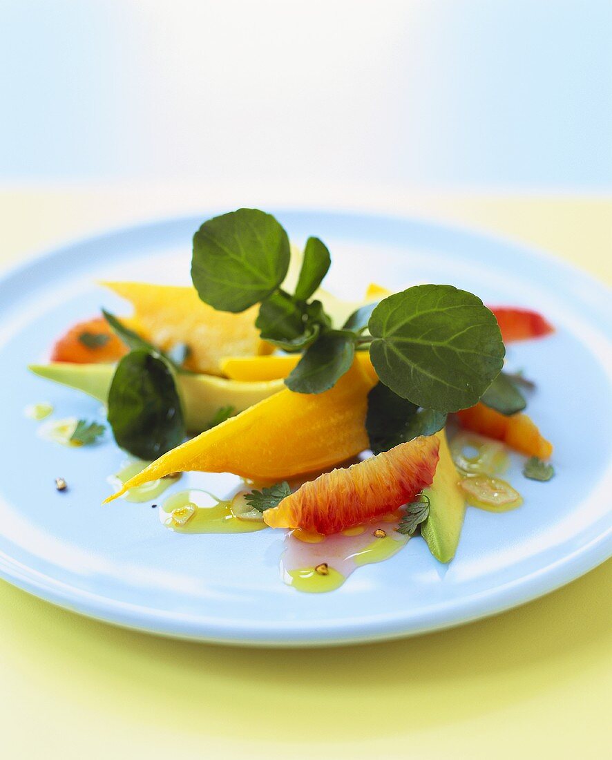 Avocado with yellow beet and grapefruit