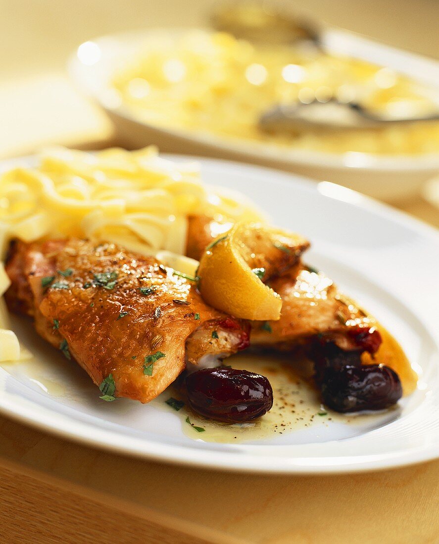 Roast chicken with olives and ribbon pasta