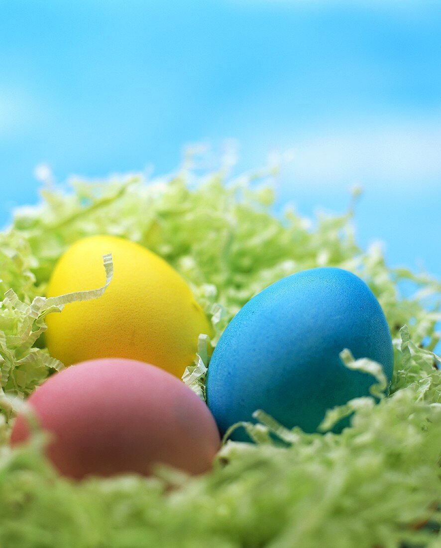 Three coloured eggs in Easter nest