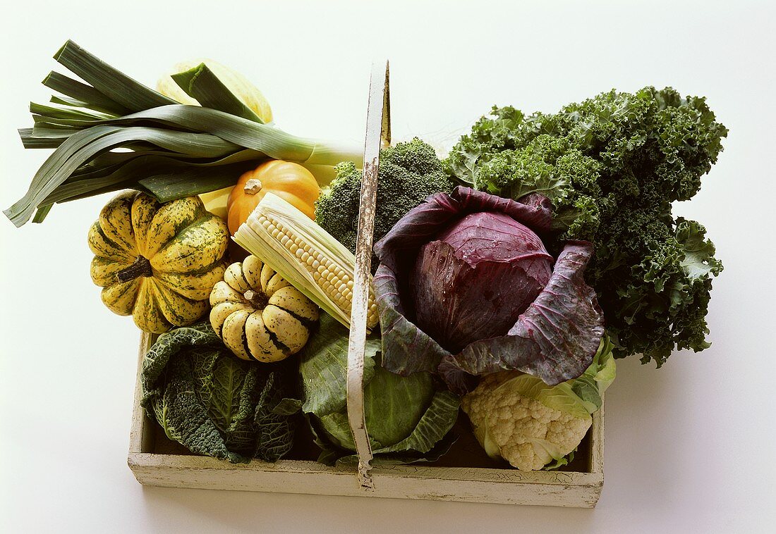 Wooden basket full of fresh vegetables