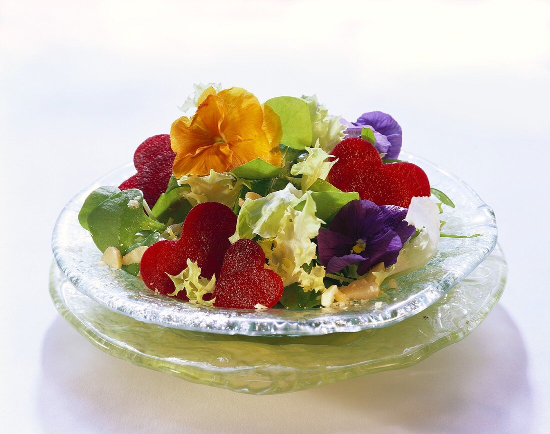 Salad with beetroot hearts and flowers