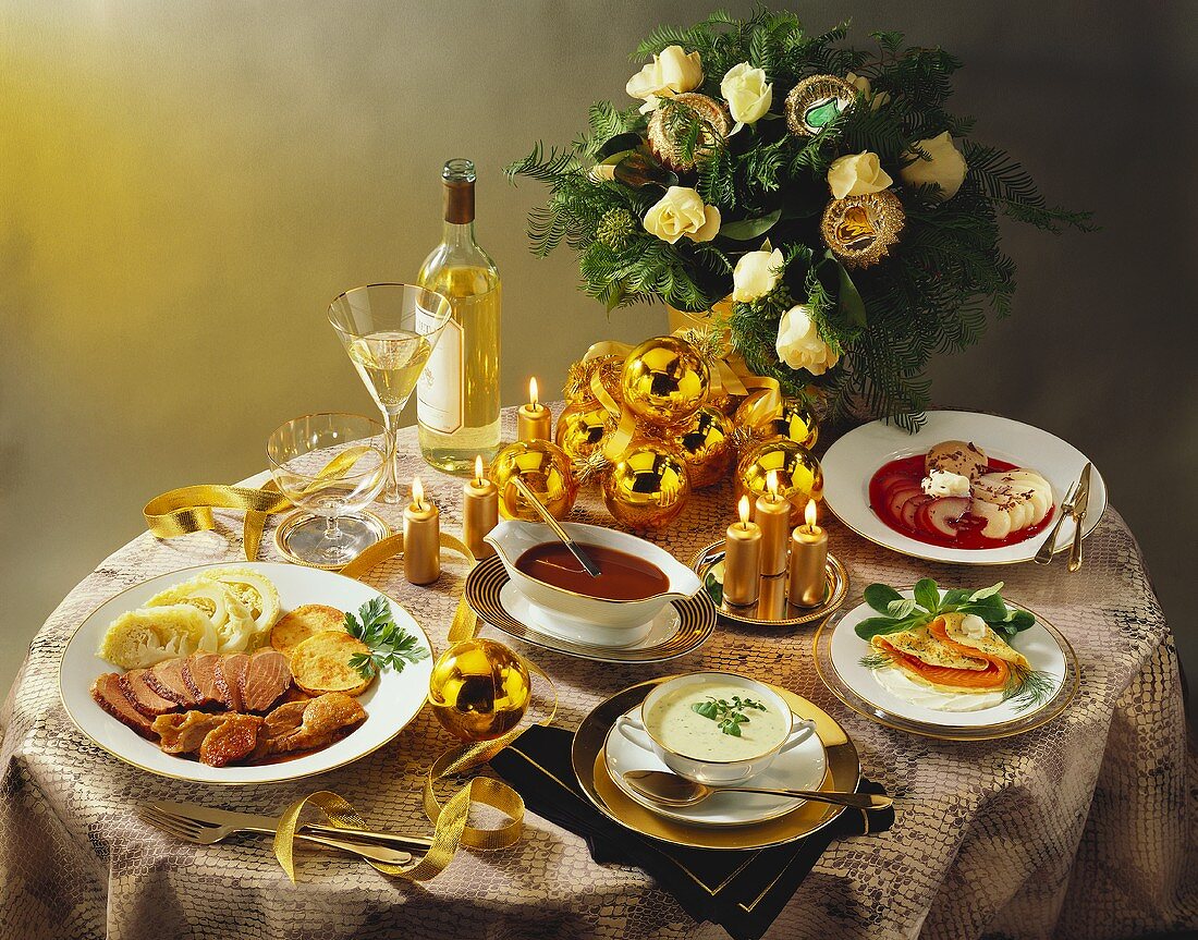 Christmas meal on festive table