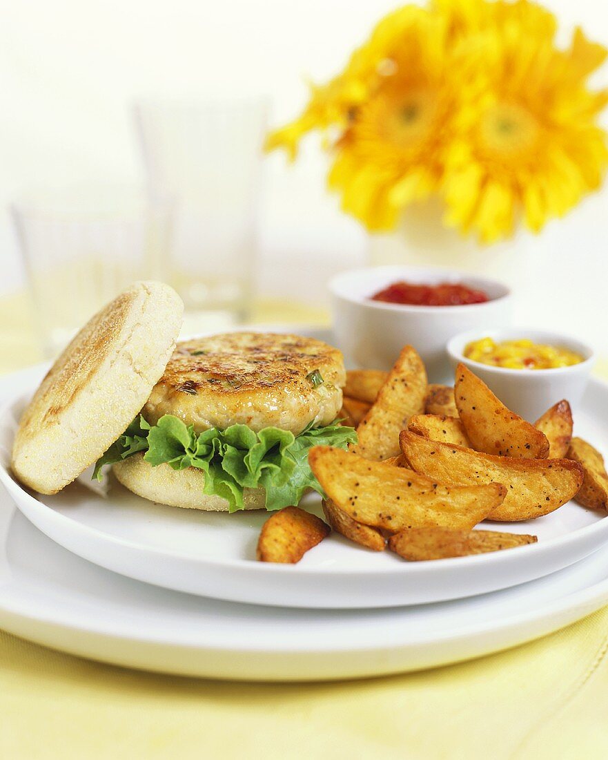Chicken burgers with potato wedges
