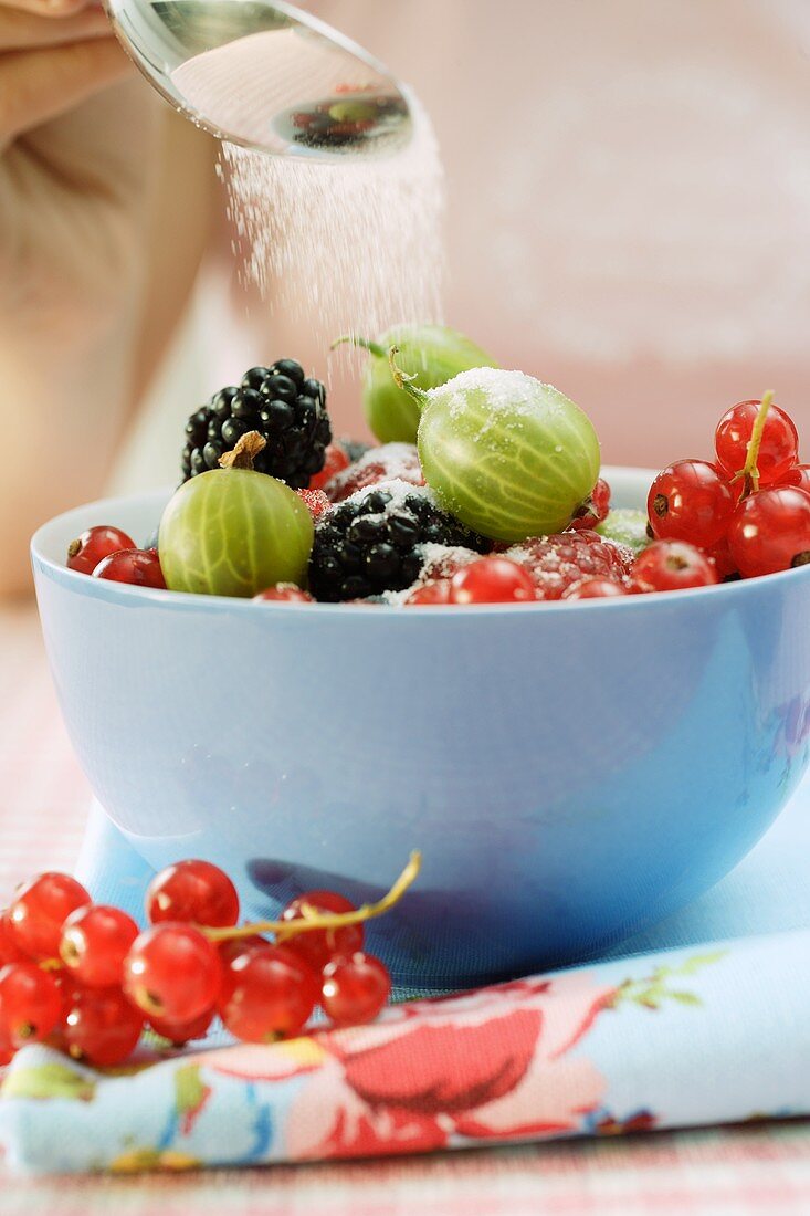 Sprinkling sugar over bowl of mixed fresh berries