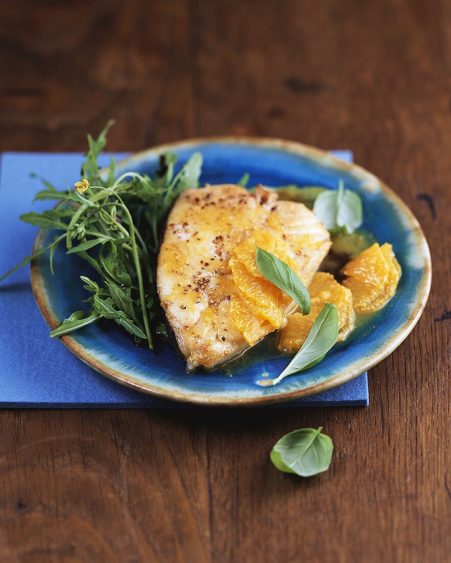 Halibut with oranges and rocket