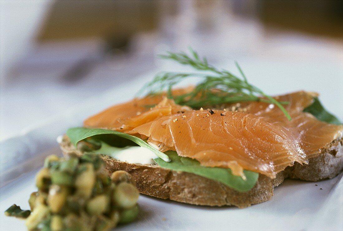 Bread topped with smoked salmon and salsa