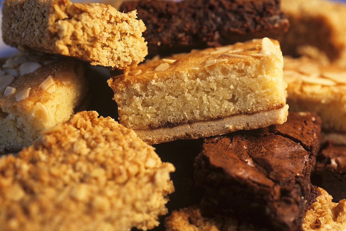 Assorted small cakes (flapjack, Bakewell slice, brownie)
