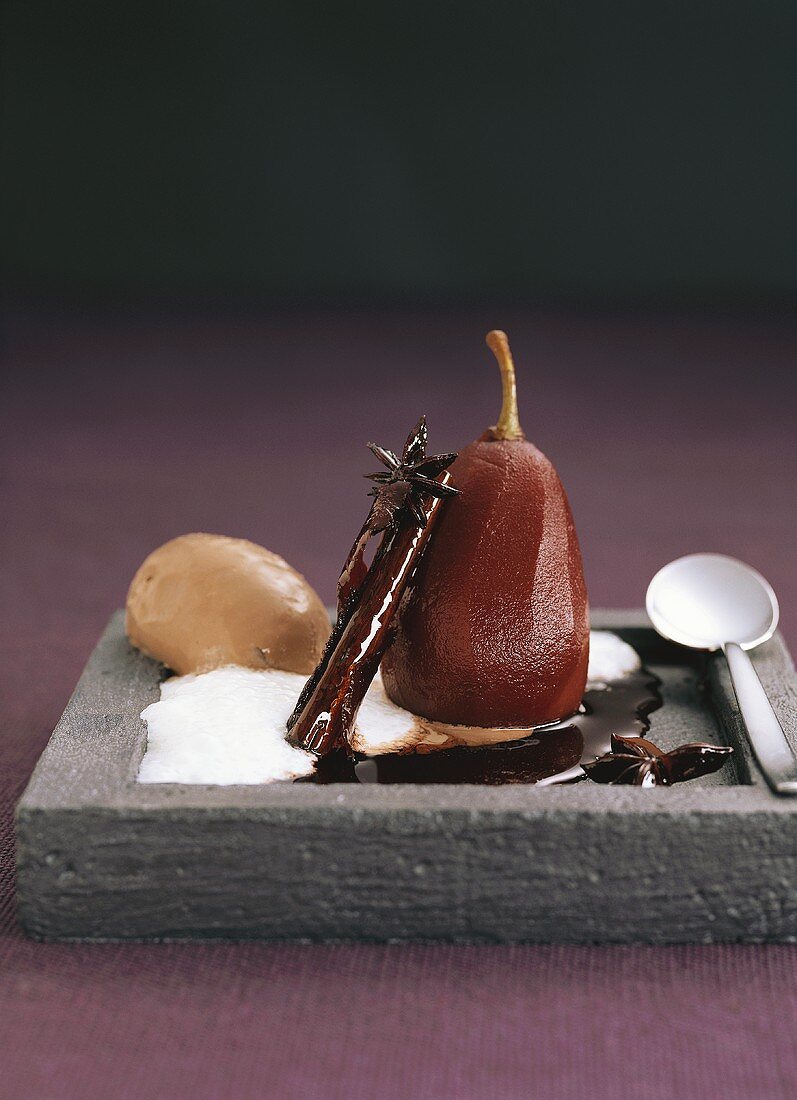 Pear in red wine with chocolate ice cream
