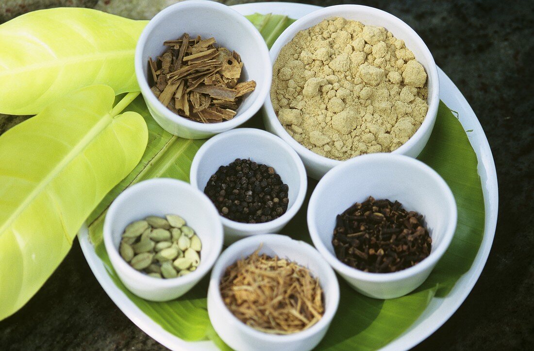 Ayurvedic spices in small bowls