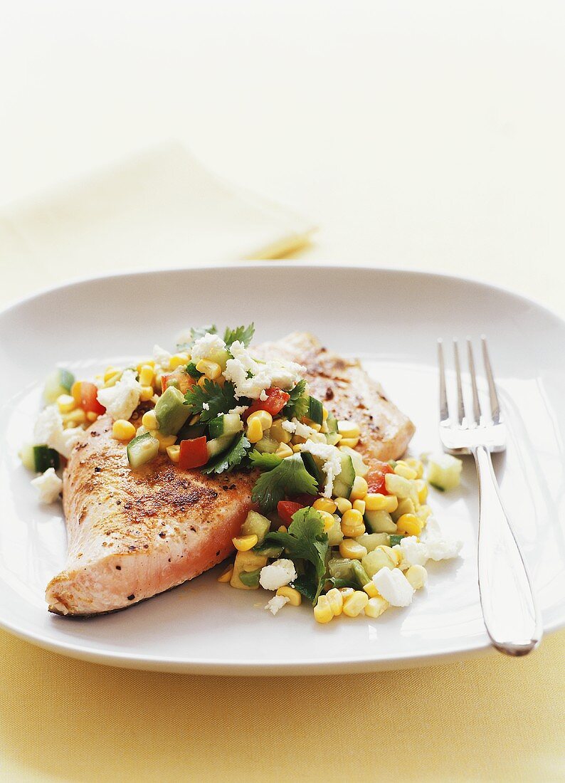 Salmon fillet with avocado and sweetcorn salsa