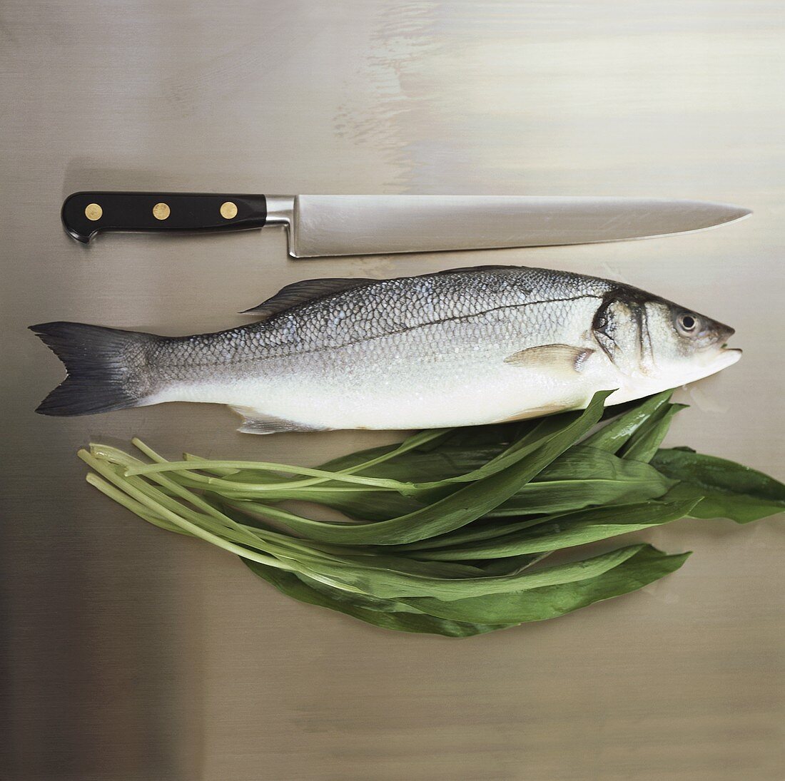 Sea bass with ramsons (wild garlic) and knife