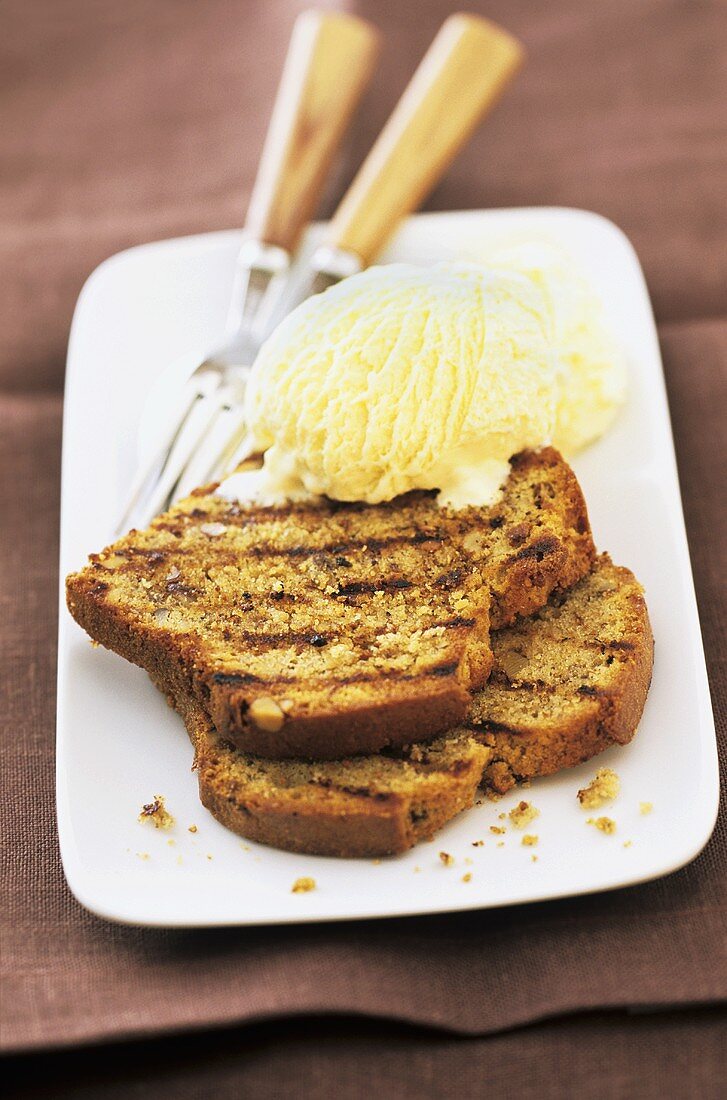 Two slices of banana cake with ice cream