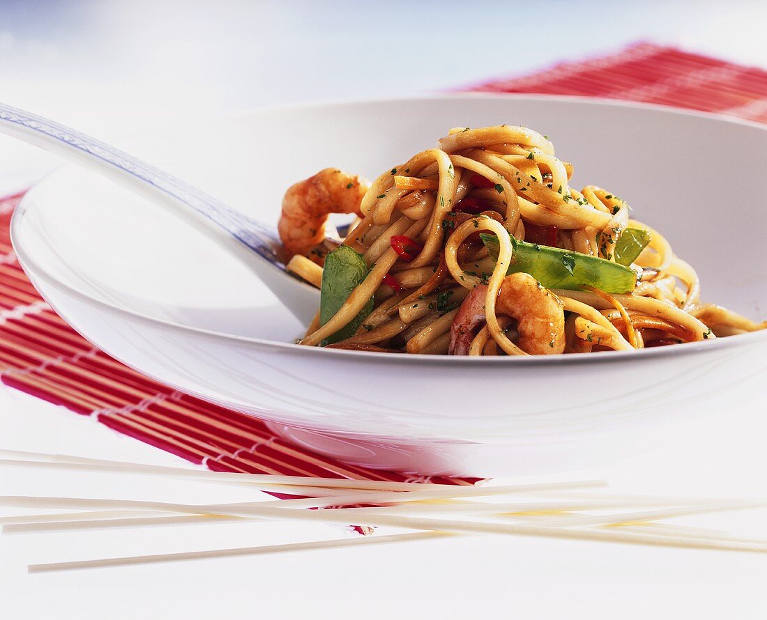 Udon noodles with shrimp tails