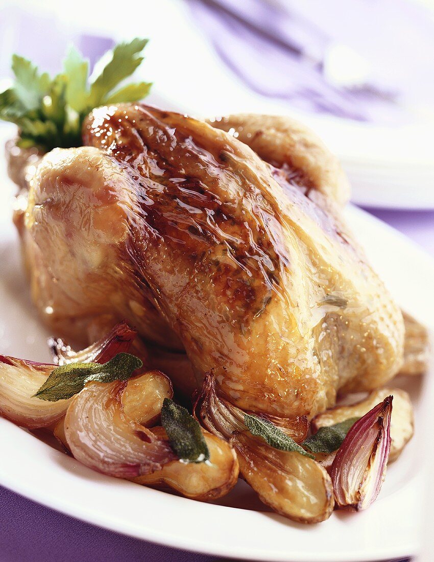 Roast chicken with sage and shallots