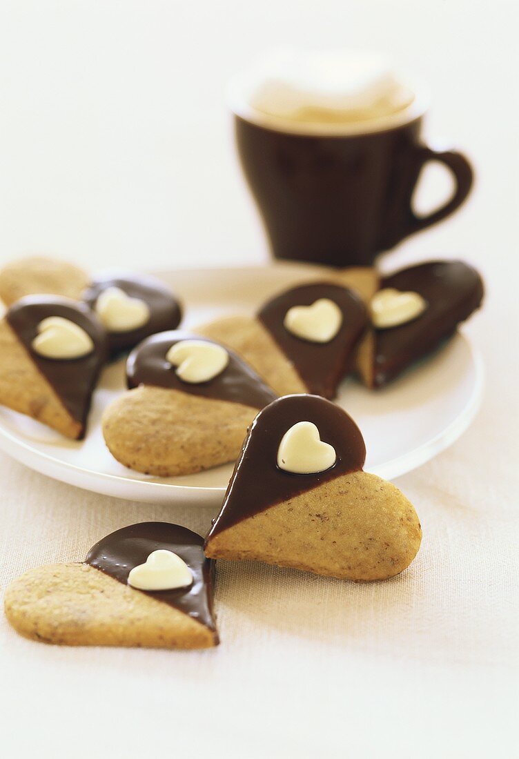 Heart-shaped biscuits with chocolate icing