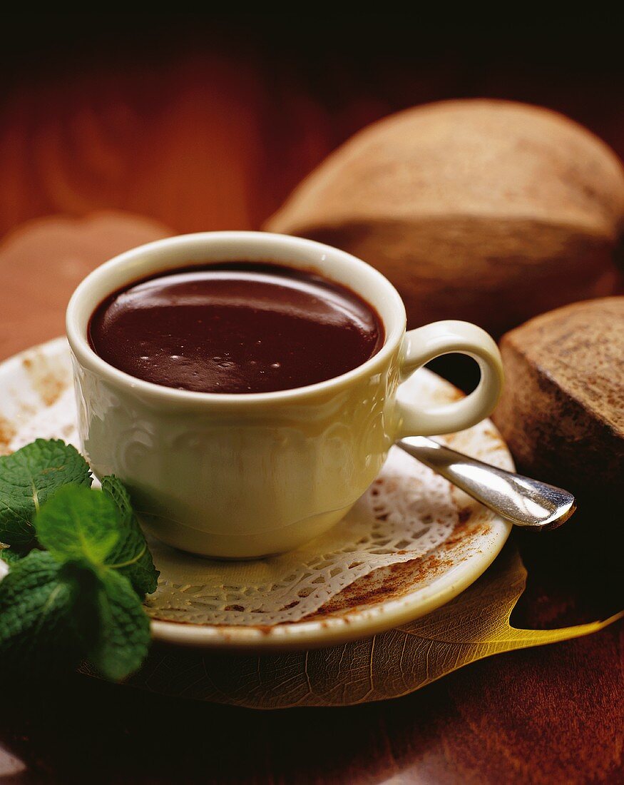 Eine Tasse Schokolade, im Hintergrund Kakaobohnen