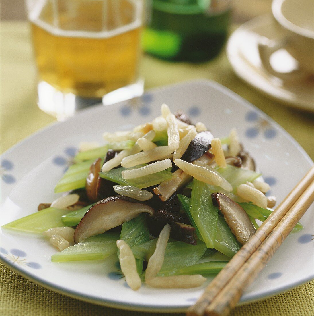 Mushroom & celery stir-fry with Japanese Mondo grass (China)