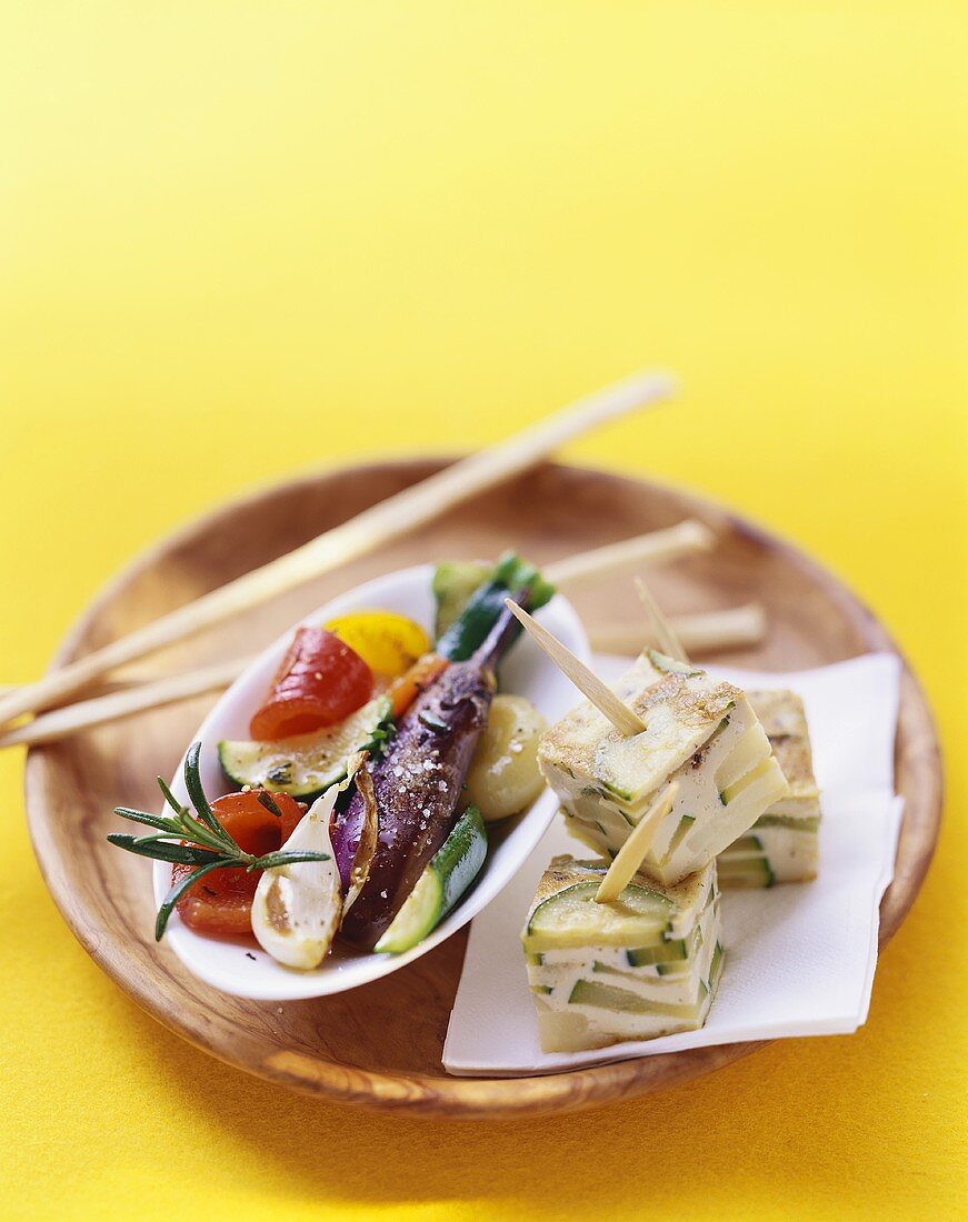 Vegetable appetisers and courgette tortilla