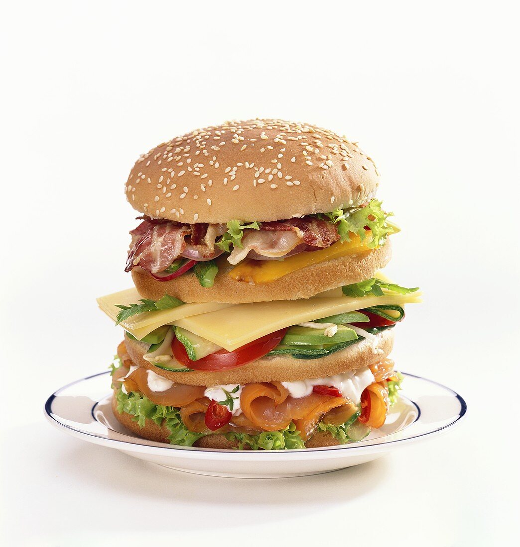Giant hamburger with salmon and bacon