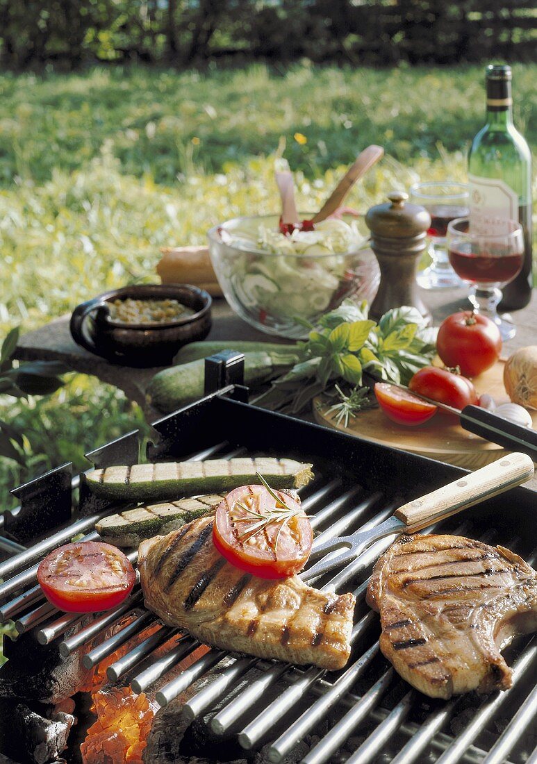 Barbecued chops and vegetables